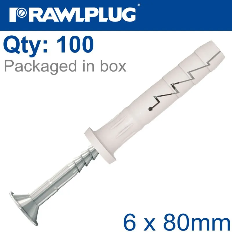 RAWLPLUG NYL NAIL-IN FIXING 6X80MM CYL HEAD X100-BOX RAW R-FX-N-06C080