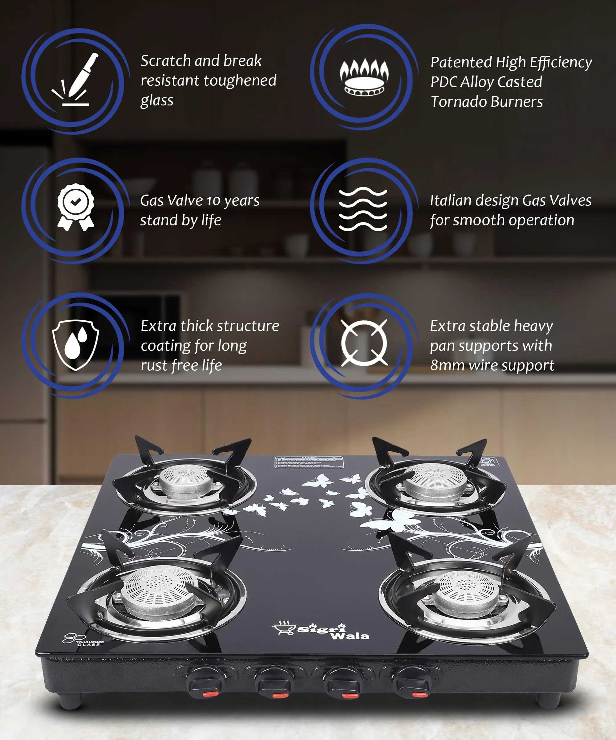 Sigri-wala Surya ISI Certified Toughened Door Step WarrantyTornado Stainless Steel, Glass Manual Gas Stove (4 Burners)