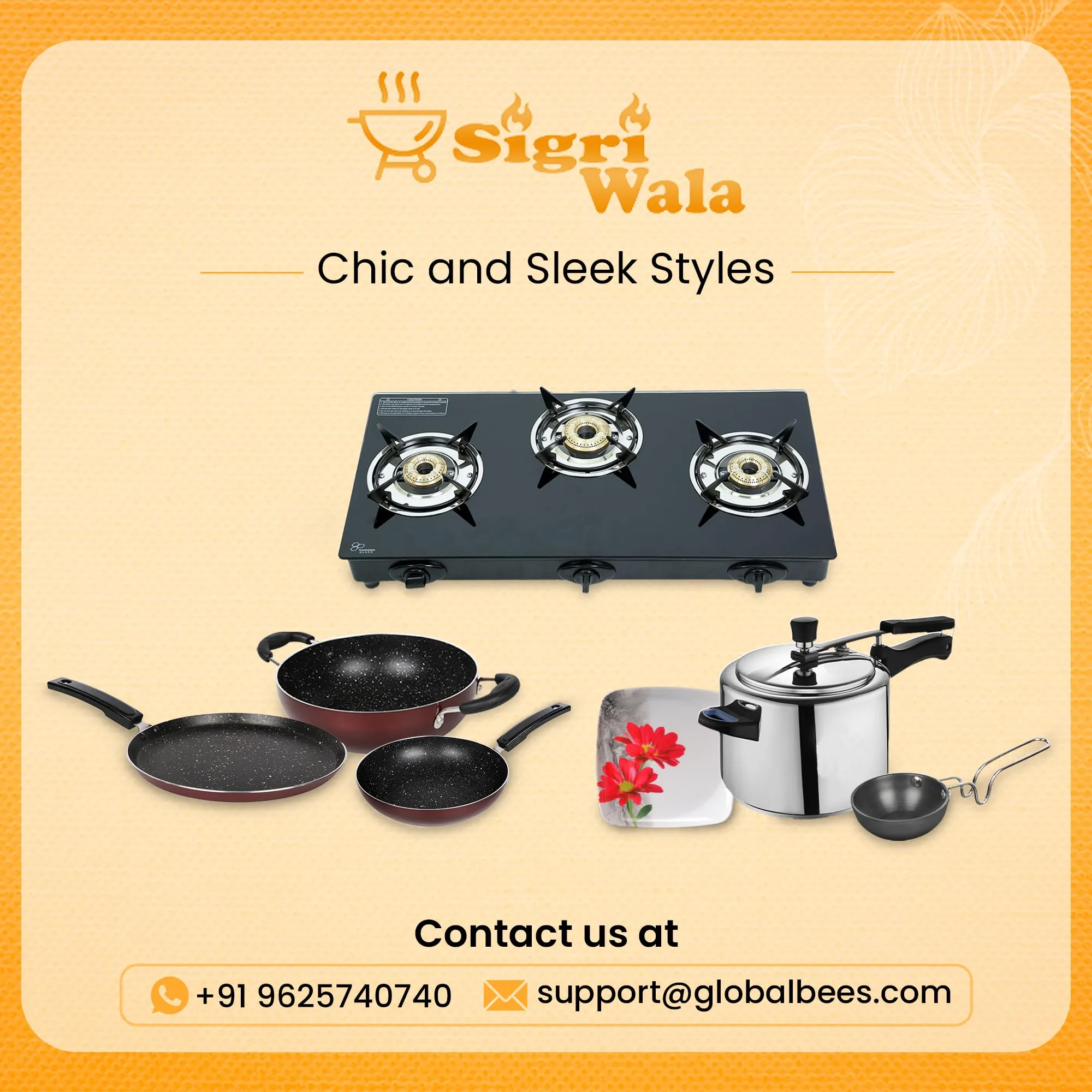 Sigri-wala Surya ISI Certified Toughened Door Step WarrantyTornado Stainless Steel, Glass Manual Gas Stove (4 Burners)