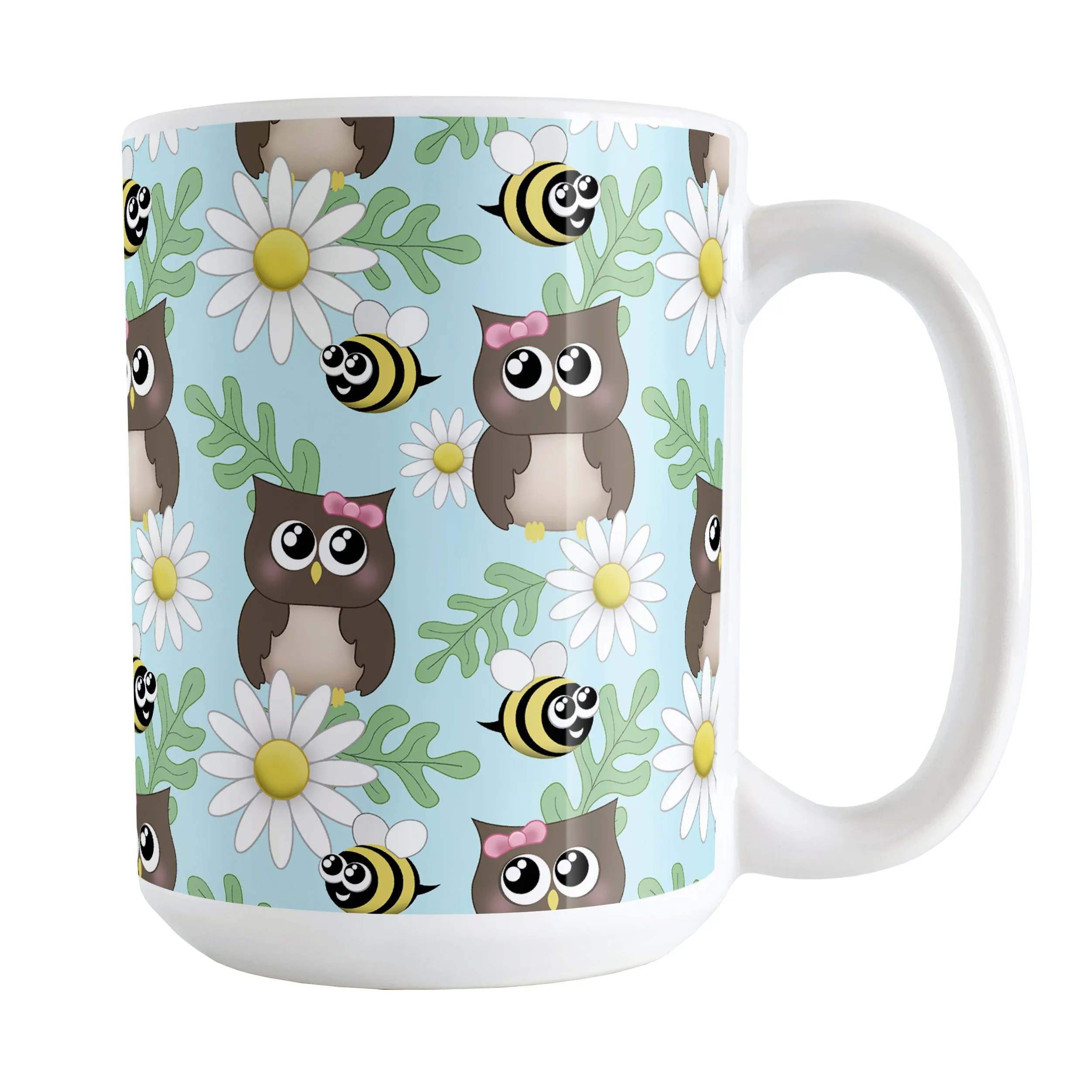 Spring Owl Bee Daisy Pattern Mug