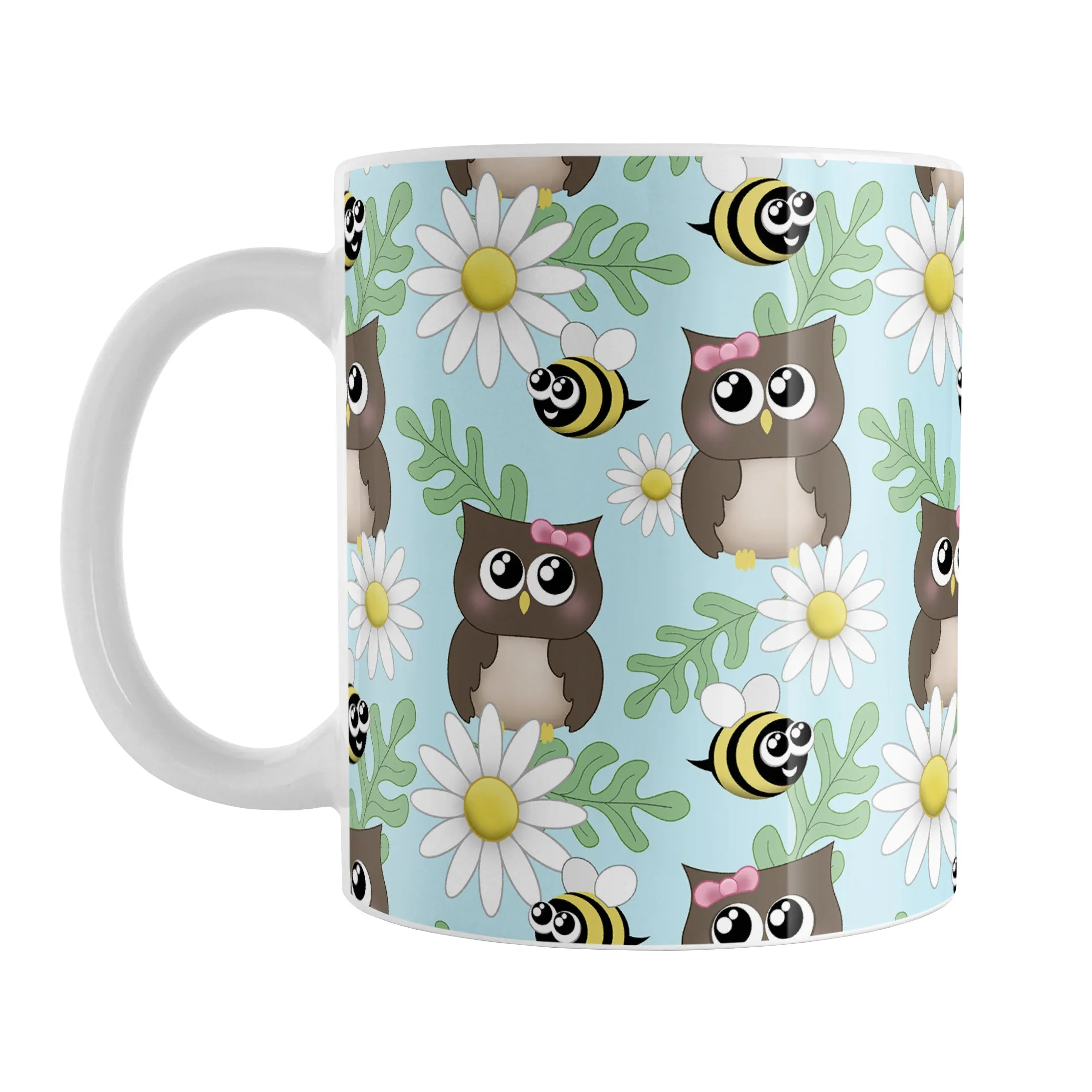 Spring Owl Bee Daisy Pattern Mug