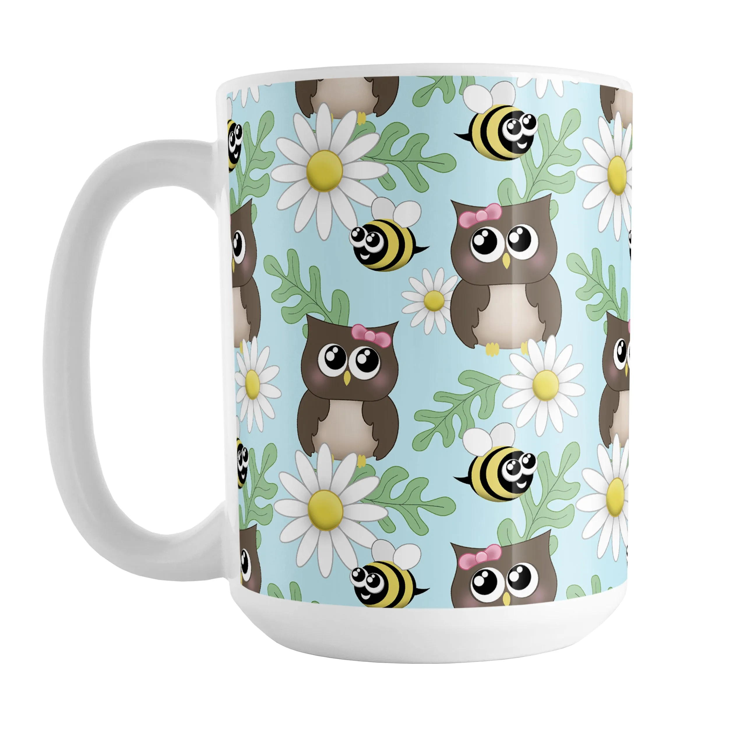 Spring Owl Bee Daisy Pattern Mug