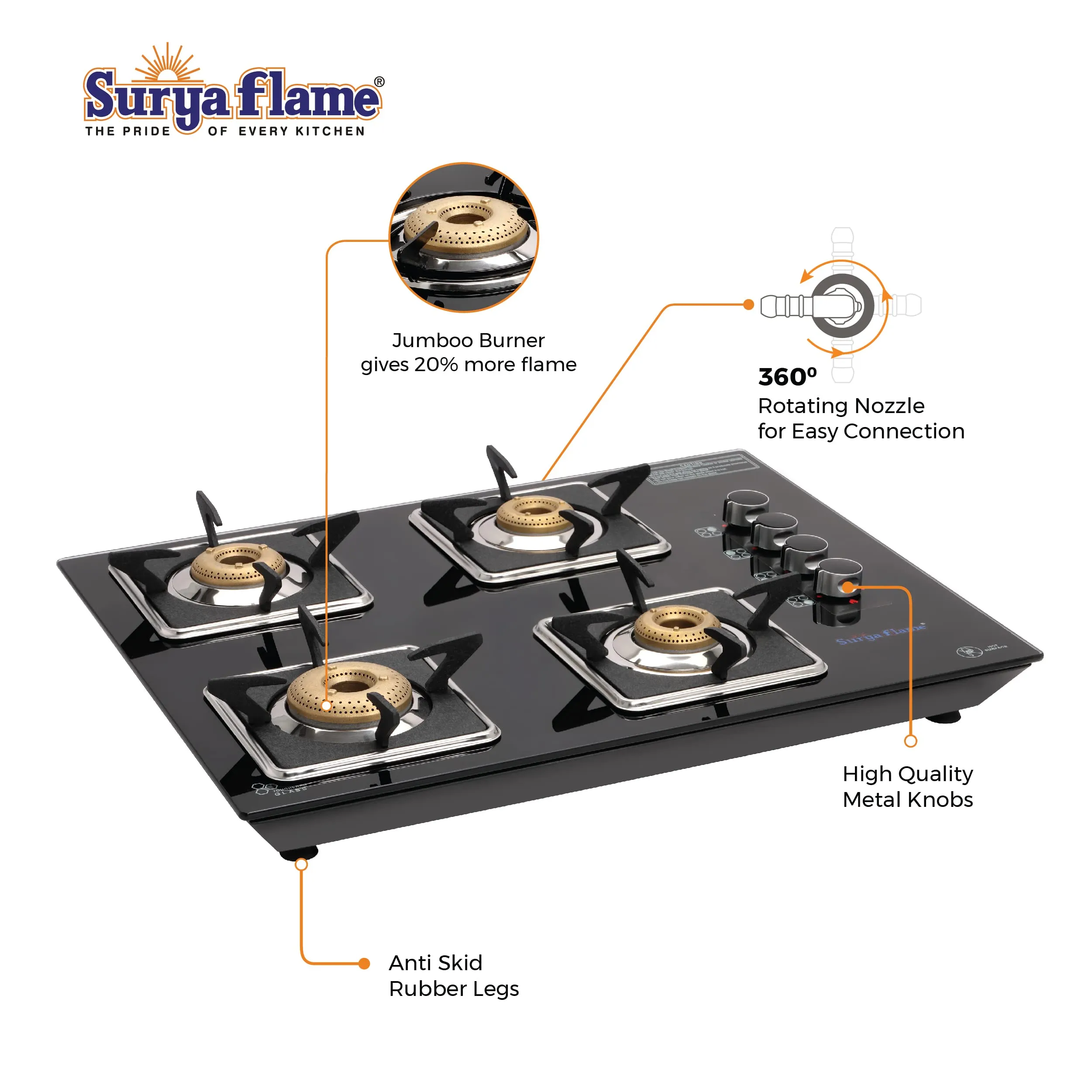 Surya Flame Apollo Square Hob Top 4 Burners Manual Glass Stove | LPG Gas Dual Layer Rubber Hose Pipe 1.5M | Chrome Stainless Steel Gas Lighter (Pack of 2)