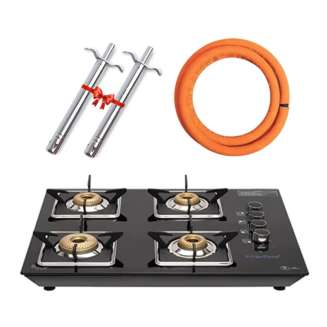 Surya Flame Apollo Square Hob Top 4 Burners Manual Glass Stove | LPG Gas Dual Layer Rubber Hose Pipe 1.5M | Chrome Stainless Steel Gas Lighter (Pack of 2)