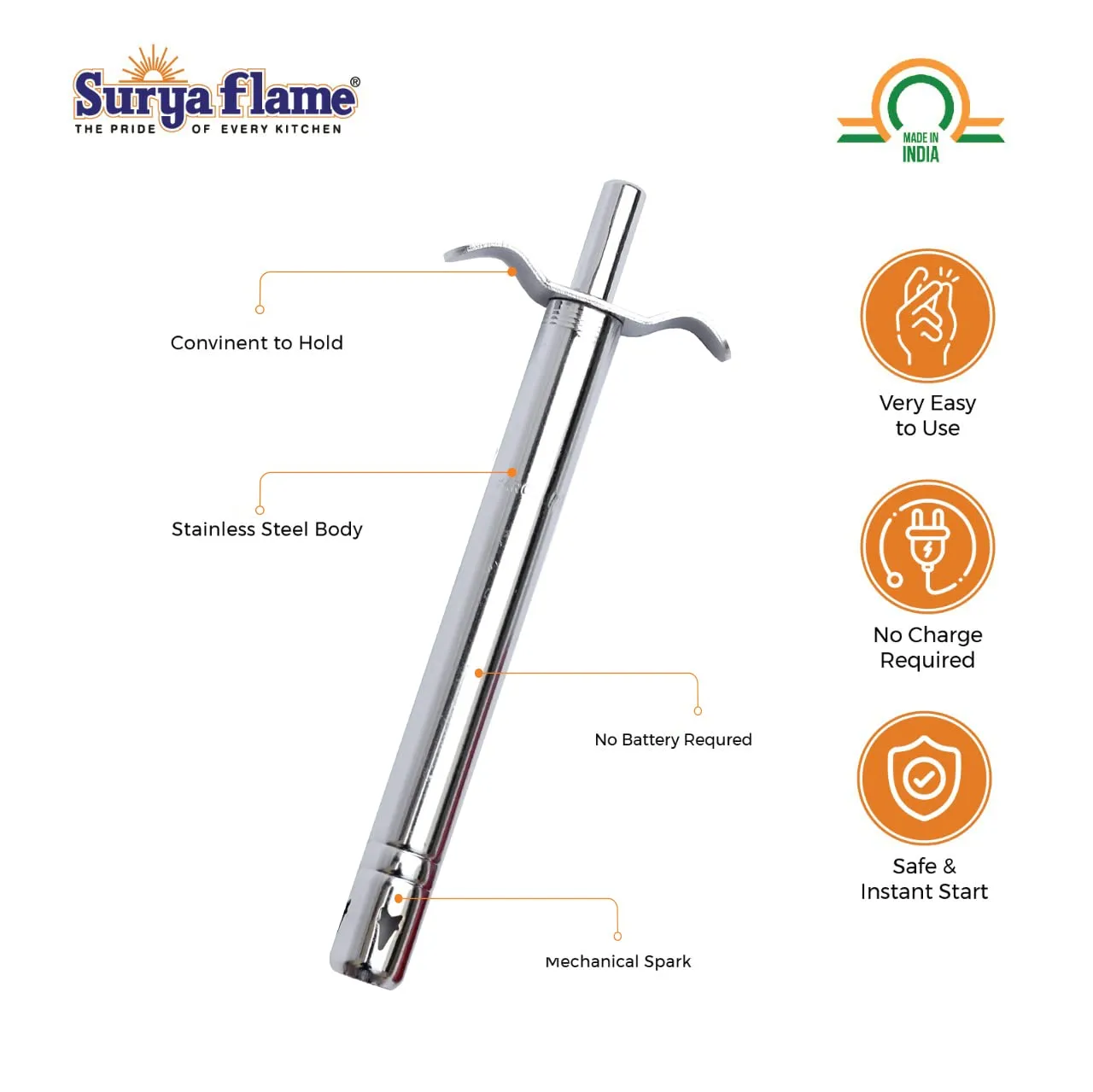 Surya Flame Apollo Square Hob Top 4 Burners Manual Glass Stove | LPG Gas Dual Layer Rubber Hose Pipe 1.5M | Chrome Stainless Steel Gas Lighter (Pack of 2)