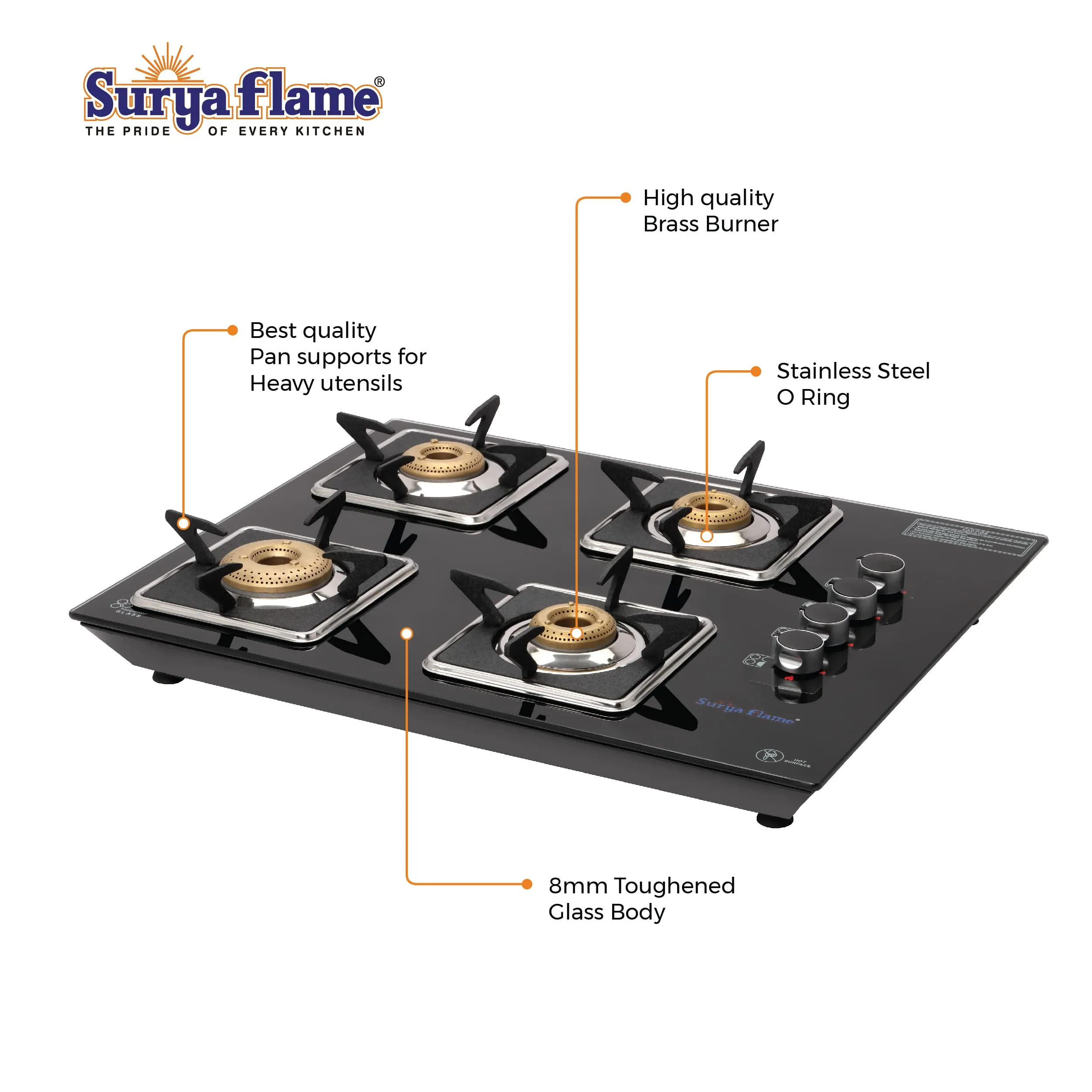 Surya Flame Apollo Square Hob Top 4 Burners Manual Glass Stove | LPG Gas Dual Layer Rubber Hose Pipe 1.5M | Chrome Stainless Steel Gas Lighter (Pack of 2)