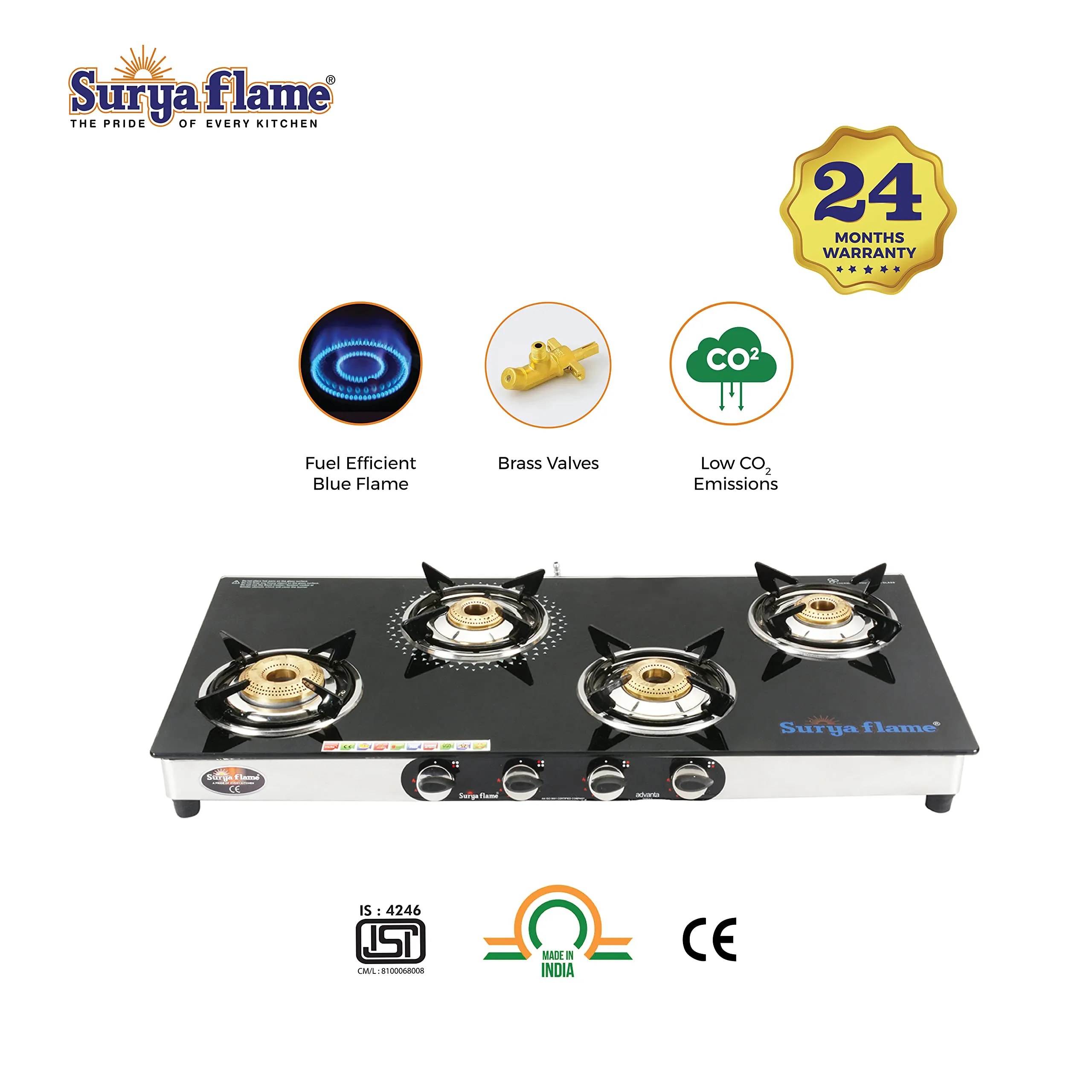 Surya Flame Supreme Gas Stove 4 Burners Glass Top | Stainless Steel Body | LPG Stove with Jumbo Burner & Spill Proof Design - 2 Years Complete Doorstep Warranty(Pack of 2)