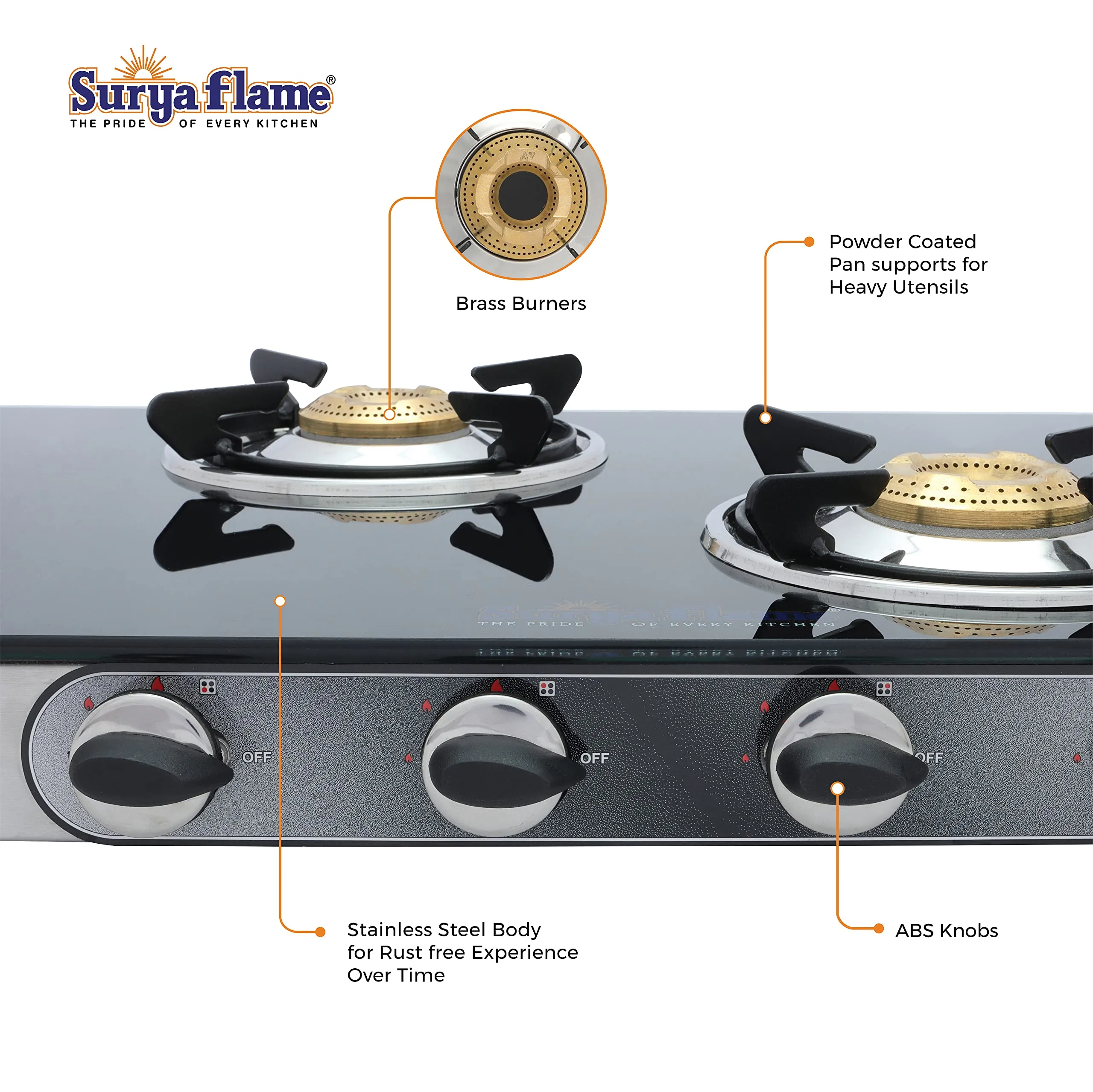 Surya Flame Supreme Gas Stove 4 Burners Glass Top | Stainless Steel Body | LPG Stove with Jumbo Burner & Spill Proof Design - 2 Years Complete Doorstep Warranty(Pack of 2)