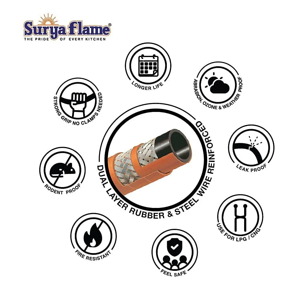 Surya Flame Ultimate Gas Stove 2 Burners Manual PNG Stove | LPG Gas Dual Layer Rubber Hose Pipe 1.5M | Chrome Stainless Steel Gas Lighter (Pack of 2)