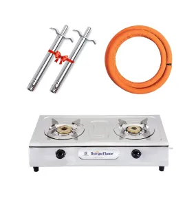 Surya Flame Ultimate Gas Stove 2 Burners Manual PNG Stove | LPG Gas Dual Layer Rubber Hose Pipe 1.5M | Chrome Stainless Steel Gas Lighter (Pack of 2)