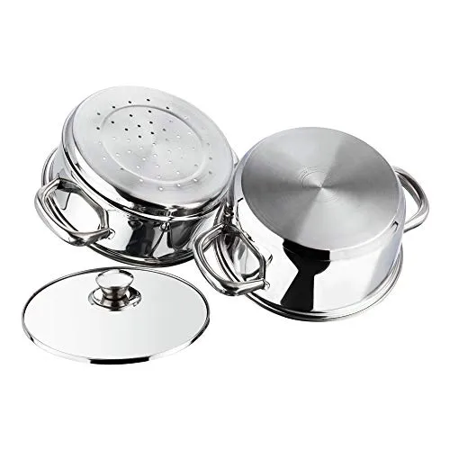 Vinod Stainless Steel 2 Tier Steamer/Momo/Modak Maker with Glass Lid & Riveted Handles of 18cm Diameter (Induction and Gas Stove Friendly) - 2 Year Warranty, Silver