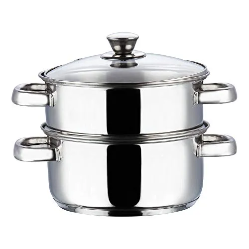 Vinod Stainless Steel 2 Tier Steamer/Momo/Modak Maker with Glass Lid & Riveted Handles of 18cm Diameter (Induction and Gas Stove Friendly) - 2 Year Warranty, Silver