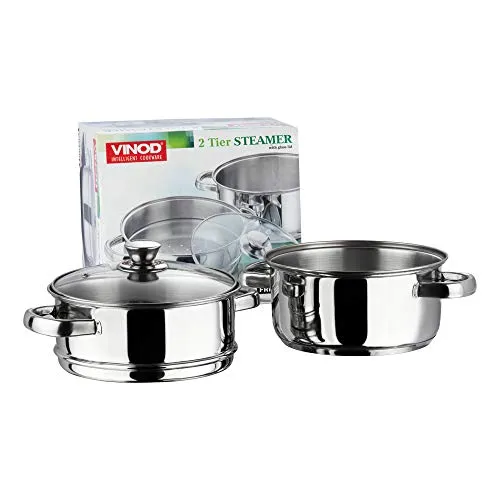 Vinod Stainless Steel 2 Tier Steamer/Momo/Modak Maker with Glass Lid & Riveted Handles of 18cm Diameter (Induction and Gas Stove Friendly) - 2 Year Warranty, Silver