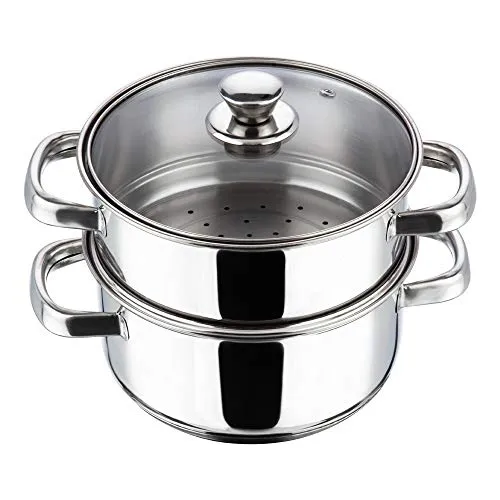 Vinod Stainless Steel 2 Tier Steamer/Momo/Modak Maker with Glass Lid & Riveted Handles of 18cm Diameter (Induction and Gas Stove Friendly) - 2 Year Warranty, Silver