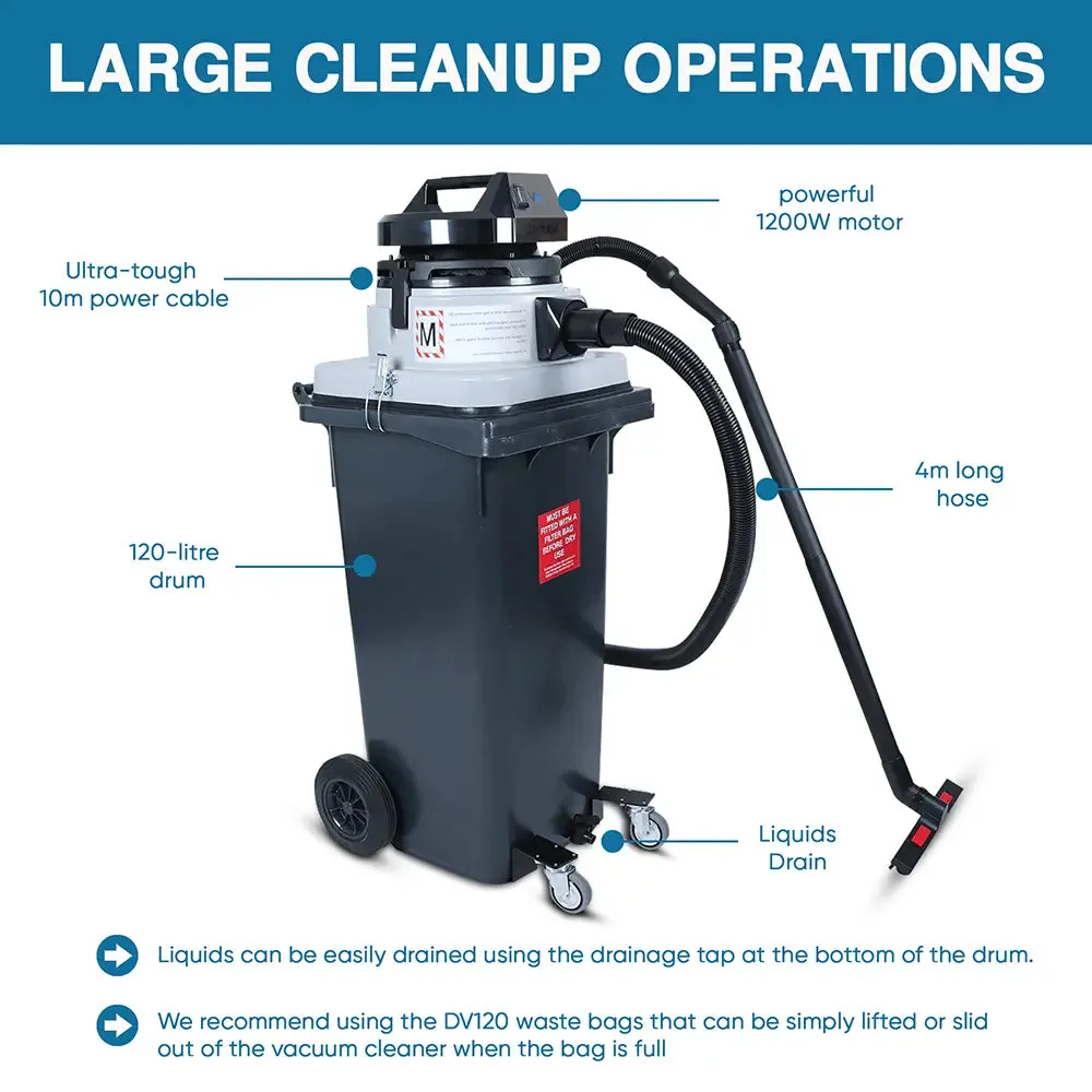 Wheelie Bin M Filtered Vacuum 120ltr Wet & Dry MAXVAC Dura DV120-MBN