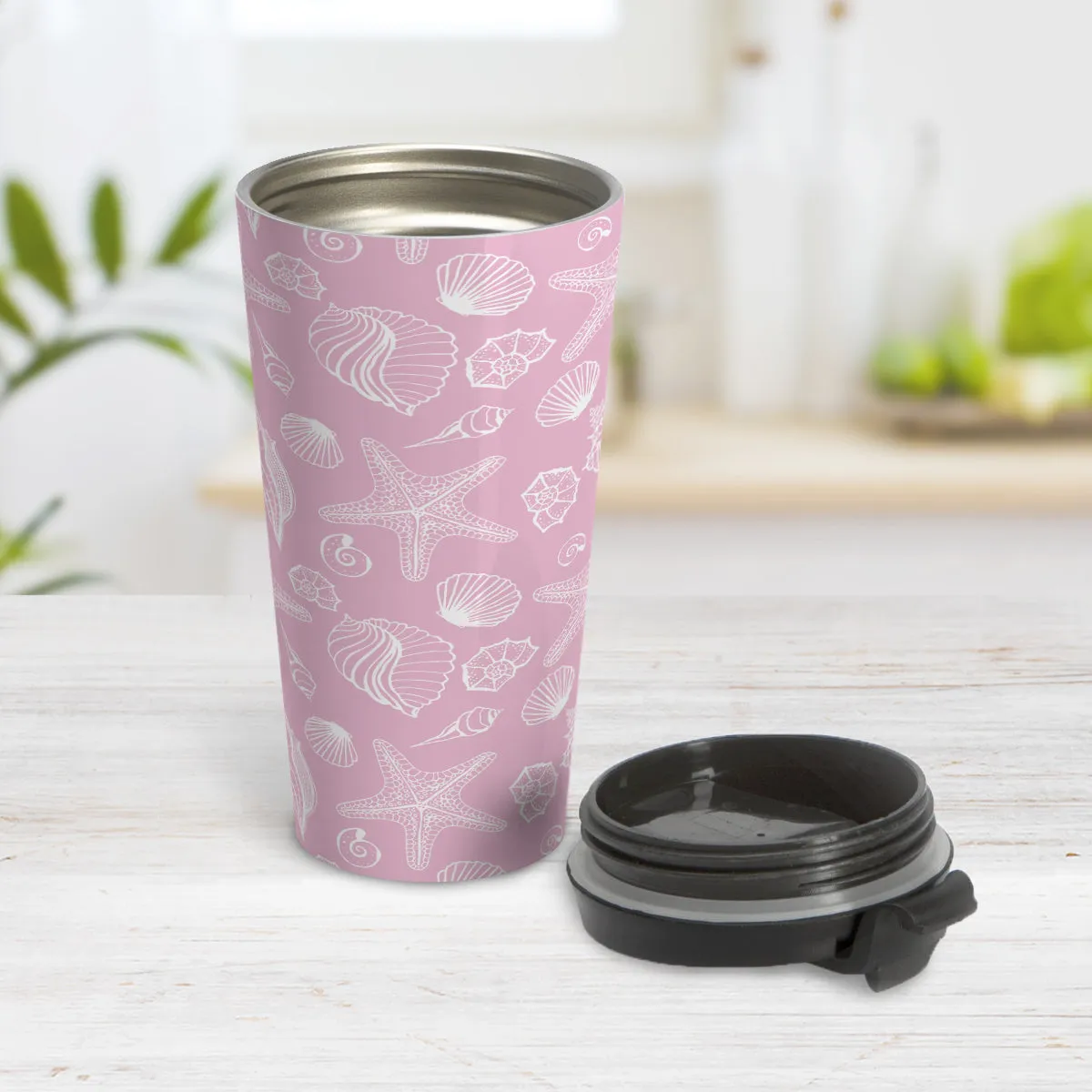 White Seashell Pattern Pink Beach Travel Mug