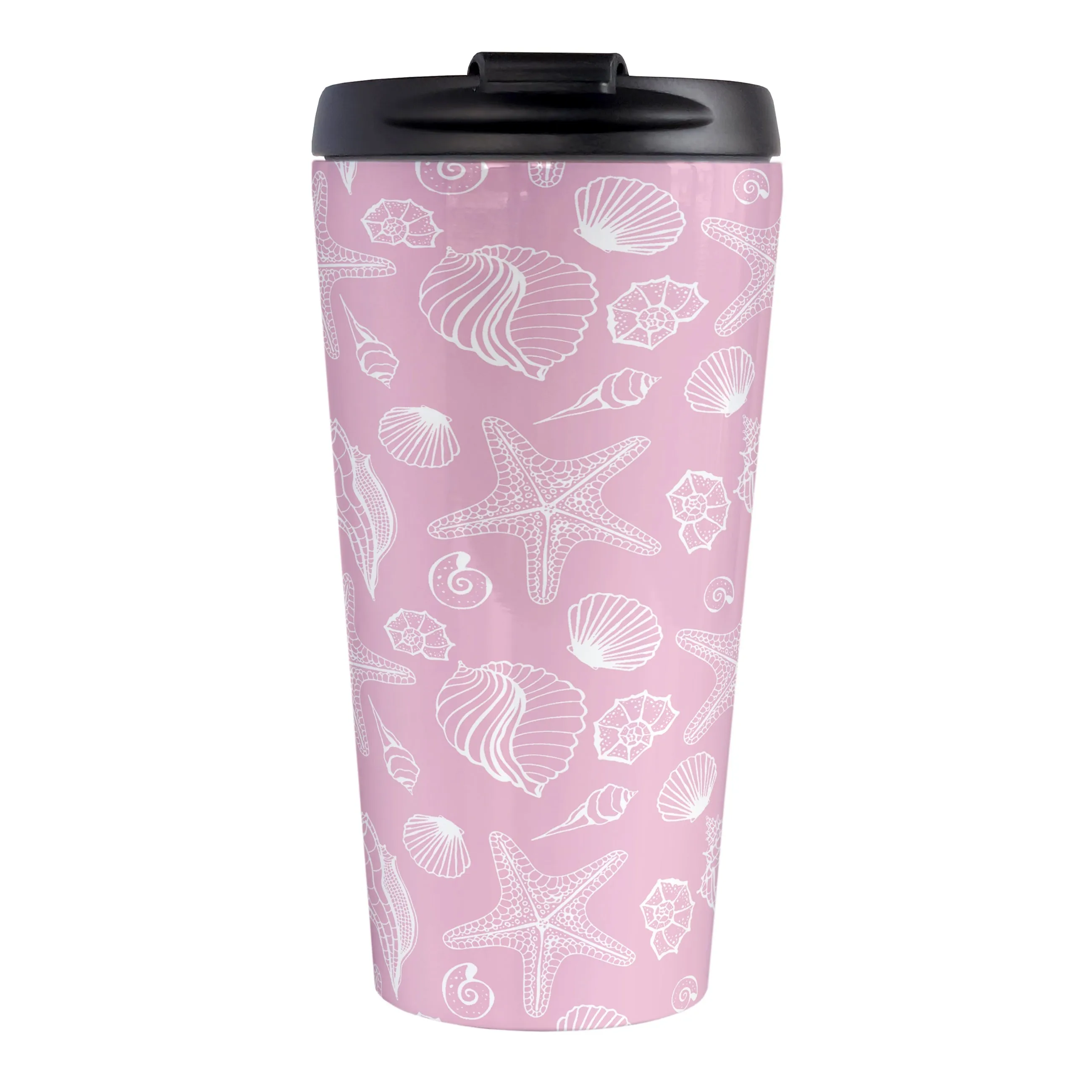 White Seashell Pattern Pink Beach Travel Mug