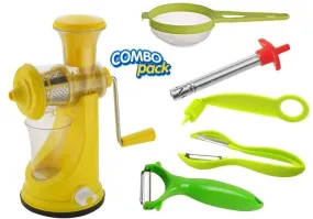 Your Brand Kitchen combo - Manual Fruit Juicer, Vegetables Spiral Cutter, Gas Lighter, Big Tea Strainer Sieve/Chai Chalni with Single sided & Double sided peeler (6 pcs)